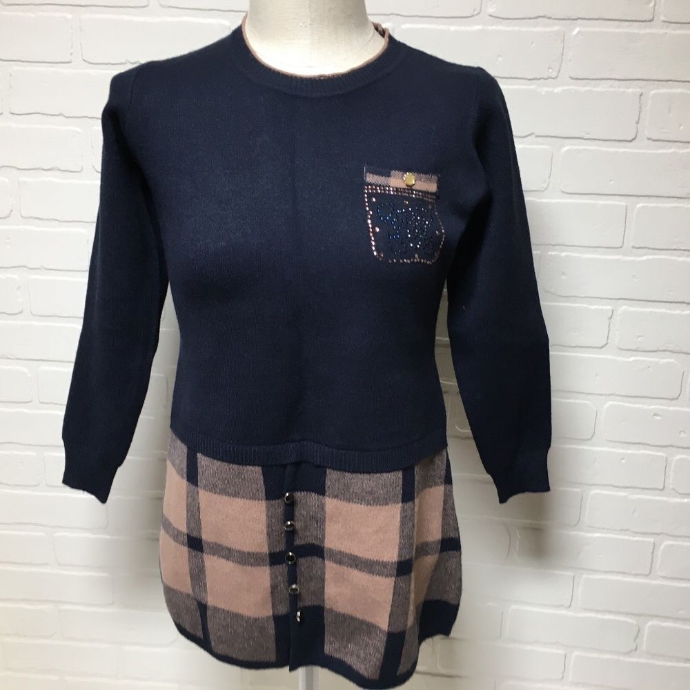 NWT FINCATI Navy Plaid Sweater Dress size Large